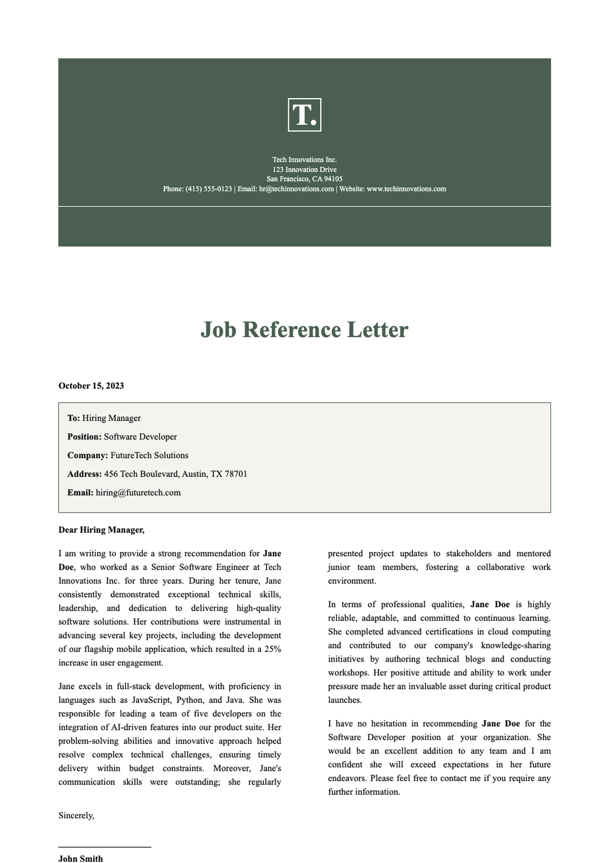 Professional job reference letter template with dark header and contact details_variant_3